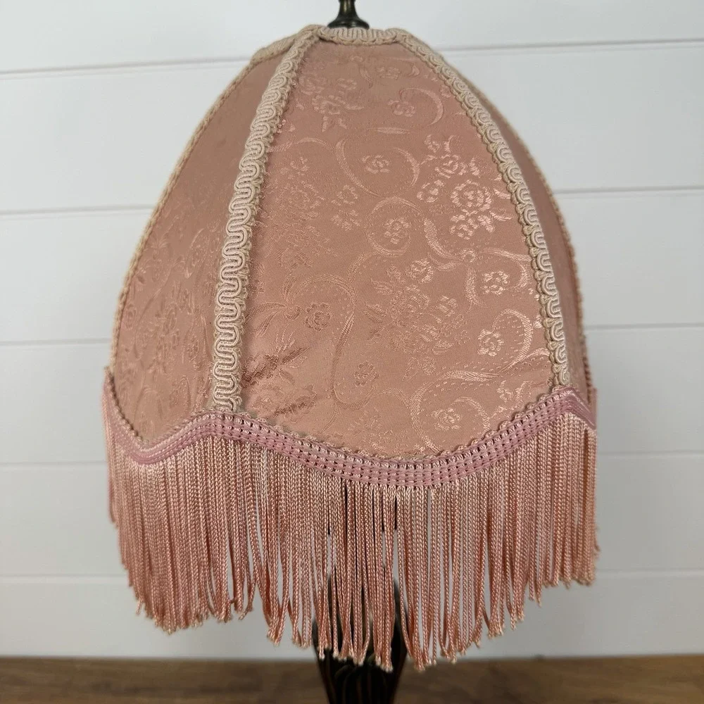 Vtg Victorian Fringed Lamp Shade Only Art Nouveau Brocade‎ Panels Scalloped Edge